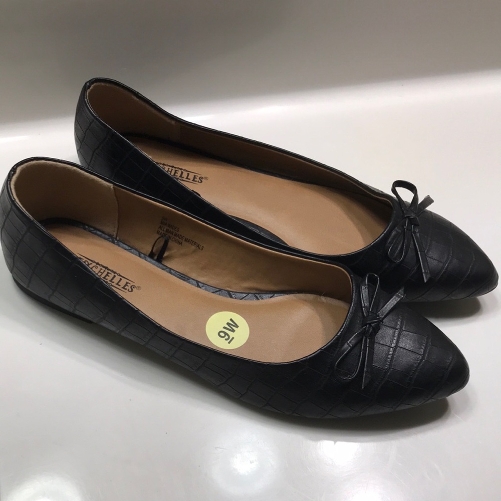 Seychelles Wide Women’s Mia Faux Leather Vegan Reptile Black Bow Pointed Flats